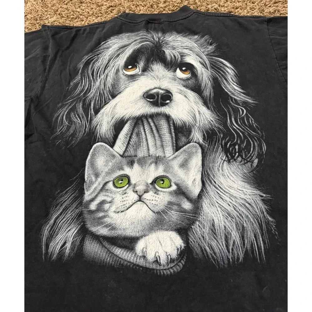 Vintage Y2K Michael Athletic Dept Dog And Cat T-Shirt Black Double Sided Sz XL